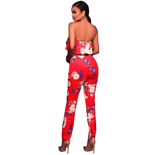 

Fashion Women Two Piece Set Floral Print Ruffle Off Shoulder Backless High Waist Bodycon Crop Top and Pants Outfits