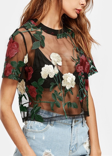

Women Sheer Mesh Top Flower Embroidered Short Sleeve Blouse