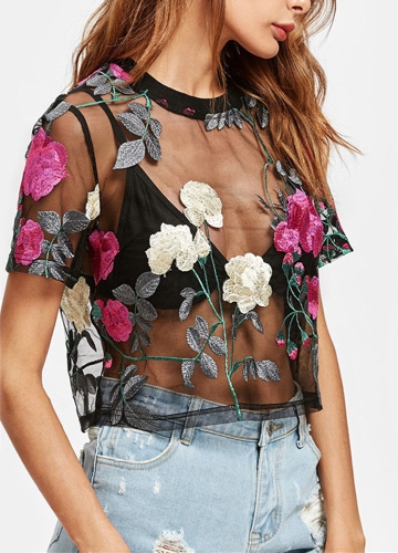 

Sexy Women Sheer Mesh Top Flower Embroidered Short Sleeve Blouse Green/Rose