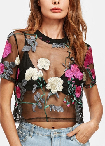 

Women Sheer Mesh Top Flower Embroidered Short Sleeve Blouse