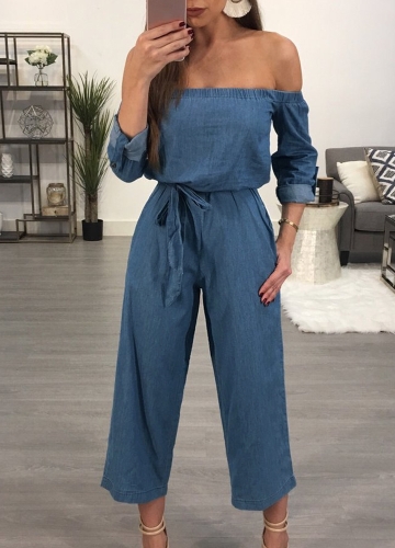 

Off the Shoulder Denim Belted Wide Leg Pants Long Women Playsuit