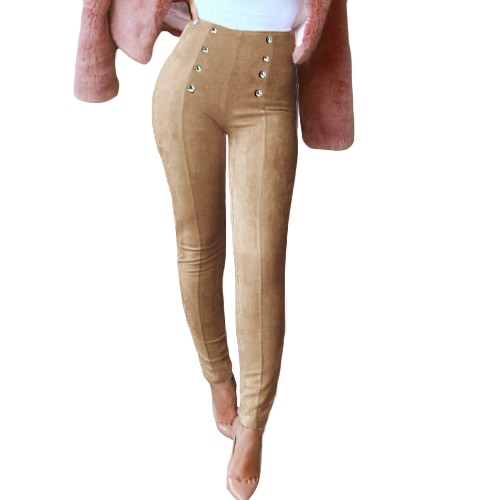 

Elegant Faux Suede Solid Color Button Side Zipper Women's Leggings