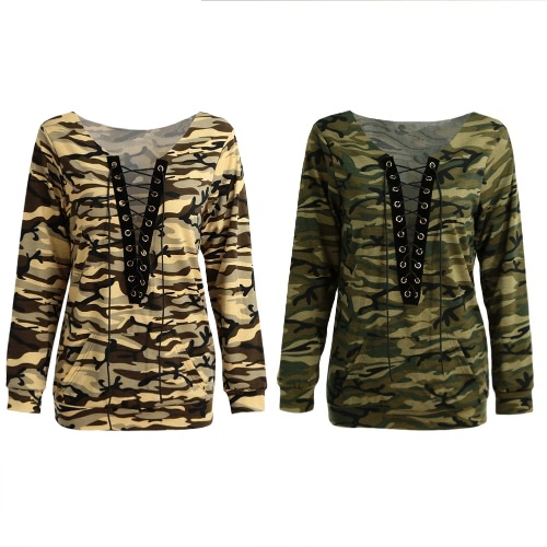 

New Sexy Women Sweater Camo Print Lace Up V-Neck Long Sleeves Pullover Casual Loose Top Brown/Army Green