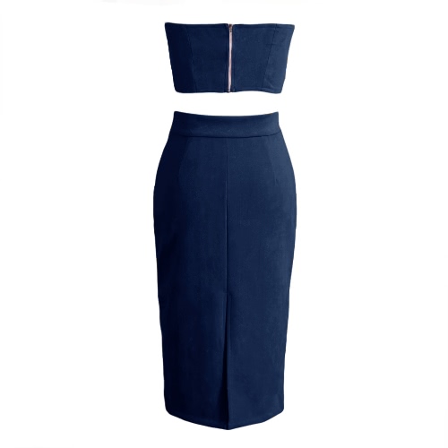 

Sexy Women Faux Suede Crop Top Midi Skirt Bodycon Zipper Split Elegant Club Party Two-Piece