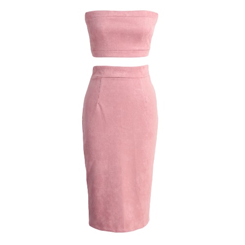 

Two Piece Faux Suede Zip Split Back Bodycon Crop Top Midi Skirt