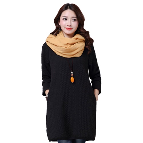 

Women Mori Dress Jacquard Split Hem Pockets O Neck Long Sleeves Loose Pullover Straight Jumper Dress