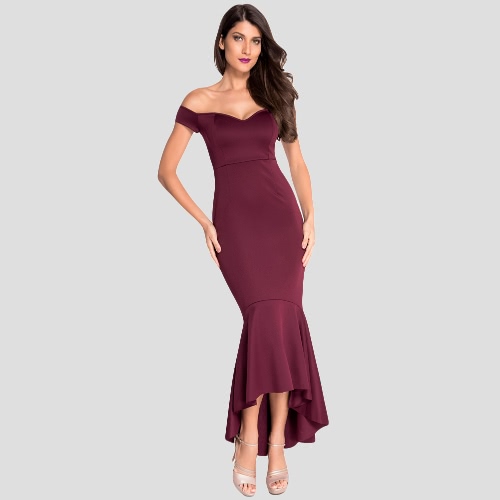 Sexy Frauen weg von der Schulter Dip Zurück Schößchen-Kleid Backless Bardot Maxi formales Abend Kleid Schwarz / Burgund / Dunkelblau