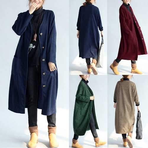 

New Women Long Faux Woolen Coat Vintage V-Neck Long Sleeves Button Closure Pockets Loose Maxi Outwear