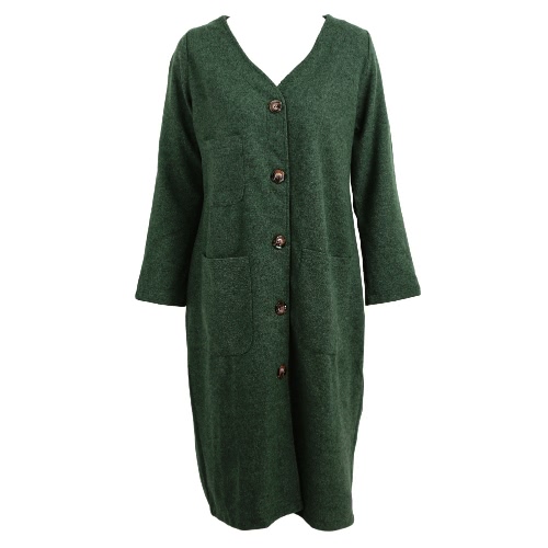 

New Women Long Faux Woolen Coat Vintage V-Neck Long Sleeves Button Closure Pockets Loose Maxi Outwear