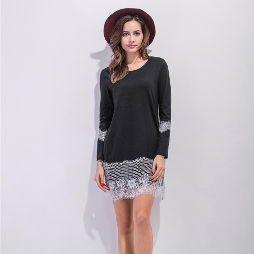 

omen Lace Dress Neck Long Sleeves Straight Mini Shift Dress Black/Grey/White