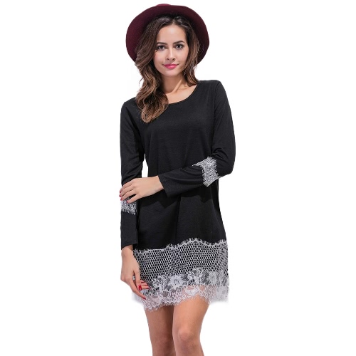 Mulheres Lace Vestido Solto cílios Lace O Neck mangas compridas Hetero Mini Vestido Solto preto / cinza / branco