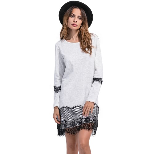 Femmes Dentelle Robe chasuble Cils dentelle O cou Manches longues droites Mini Robe chasuble Noir / Gris / Blanc