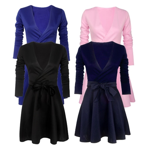

Women Dress Solid Color Deep V Neck Long Sleeve Skater Skirt Sexy Ladies Mini Evening Party One-Piece