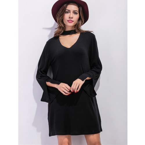 

New Women Mini Dress Choker Sleeves Slit Cuff Loose A-line Dress Black/Grey