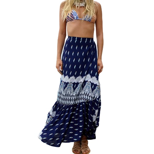 

Bohemian Print Maxi Skirt Tie Waist Wraparound Ruffle Hem Split Long Skirt