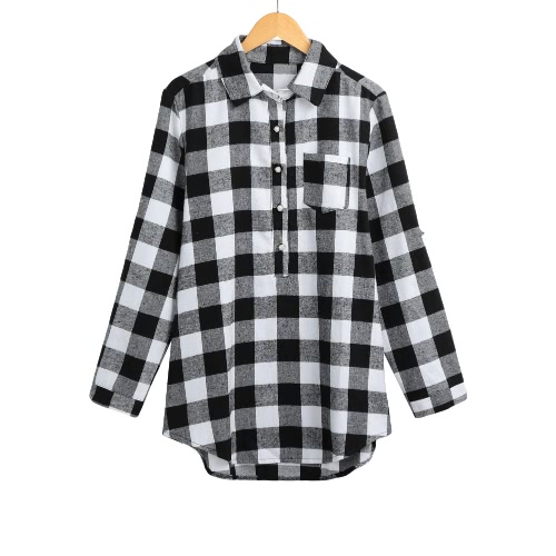 

Women Plus Size Shirt Plaid High-Low Hem Button Pocket Turn-Down Collar Casual Blouse Top Black/Red/Blue