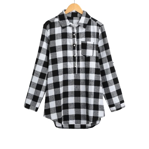 Mulheres Plus Size camisa xadrez de alta Baixo Hem Botão de bolso colar de abertura de cama Casual Blusa Top preto / vermelho / azul