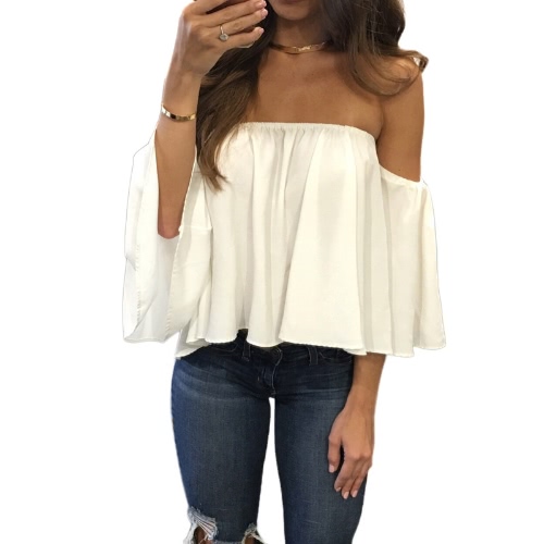 

Chiffon Blouse Solid Slash Neck Off Shoulder Slare Sleeve Loose Sexy Tops