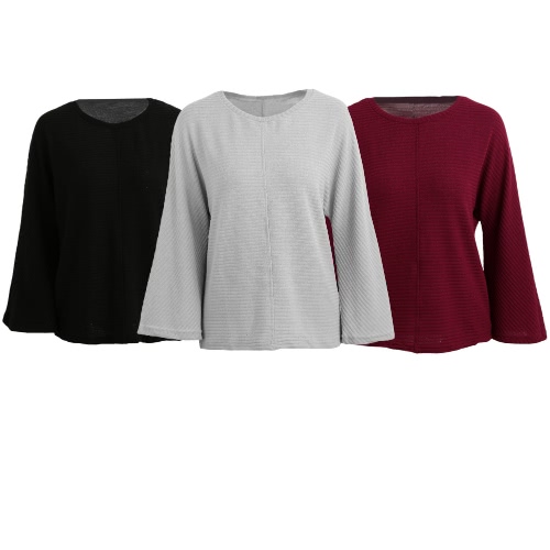 

New Fashion Women Sweater O-Neck Flare Sleeve Solid Loose Knitwear Knitted Pullover Tops Red/Grey/Black