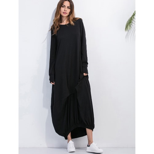 Women Plus Size Casual Maxi Dress Solid O-Neck Full Sleeve Ruffled Elasticated Hem Loose Long Pullover Dress