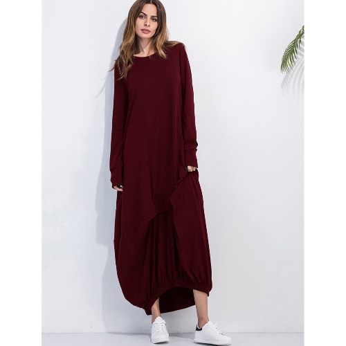 

Casual Maxi Dress Solid Ruffled Elasticated Hem Loose Long Pullover Dress