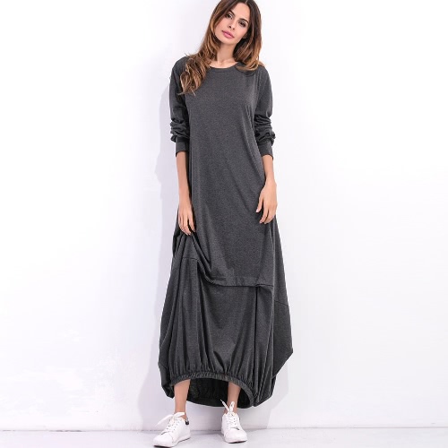 Women Plus Size Casual Maxi Dress Solid O-Neck Full Sleeve Ruffled Elasticated Hem Loose Long Pullover Dress