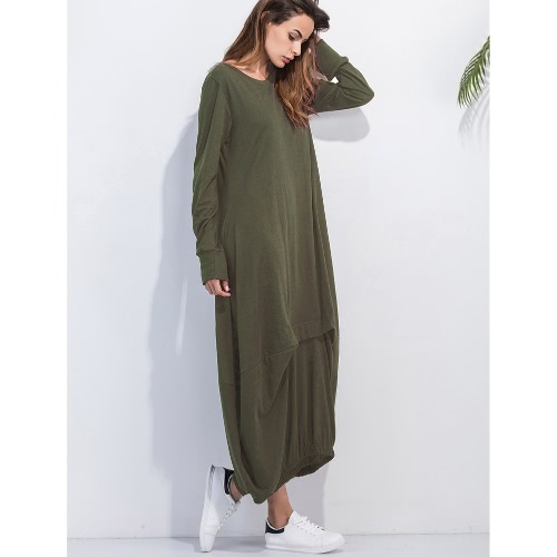 

Women Plus Size Casual Maxi Dress Solid O-Neck Full Sleeve Ruffled Elasticated Hem Loose Long Pullover Dress