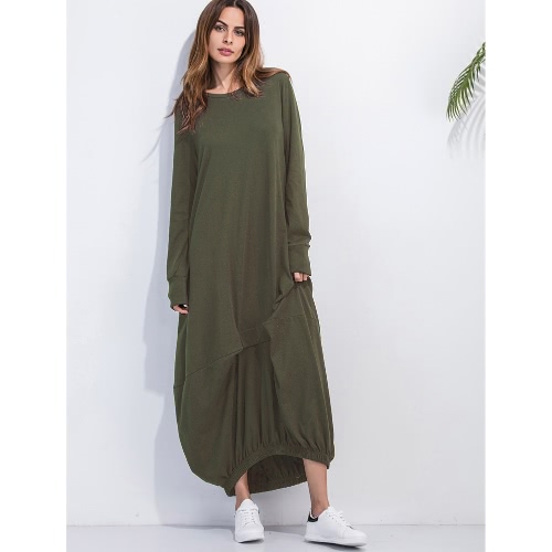 Tamaño de las mujeres ocasional más el vestido maxi sólido del O-Cuello de la manga completa con volantes elástico Hem vestido largo flojo Pullover