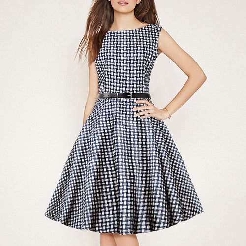 

Vintage Plaid Check Print Sleeveless Belted Slim Elegant A-Line Dress