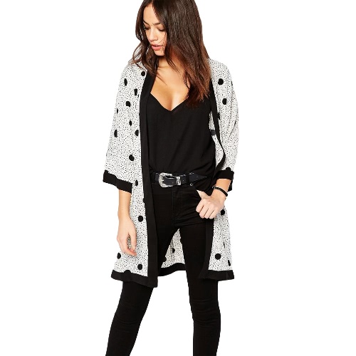 

New Women Chiffon Kimono Cardigan Polka Dot Printed Loose Thin Outerwear Coat Beach Cover Up White