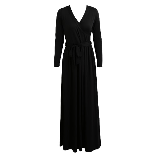 New Sexy Women Maxi Dress Plunging V Neck Long Sleeve Belted Solid Slim Dress Evening Party Long Dress Black