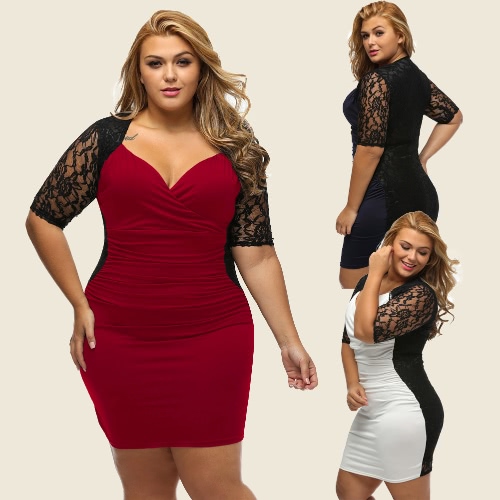 

Women Mini Dress Plus Size Lace Ruched V Neck Half Sleeve Sexy Elegant Club Evening Party One-Piece