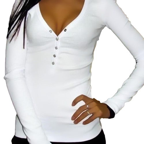 New Fashion Women T-shirt Deep V Neck Buttons Long Sleeve Solid Color Slim Sexy Casual Tops Tees