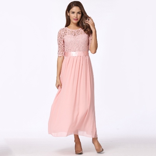 

Lace Chiffon Half Sleeve Slim Long Gown Elegant Evening Party One-Piece