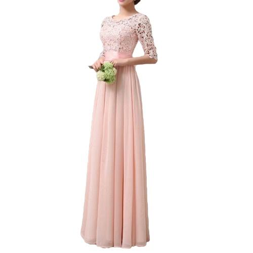 

Women Dress Lace Chiffon Half Sleeve Slim Maxi Long Gown Elegant Princess Evening Party One-Piece