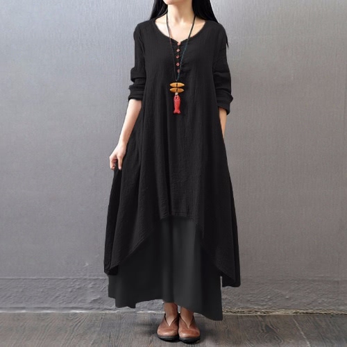 

Casual Cotton Linen Button Half Sleeve Solid Color Women's Loose Maxi Dress