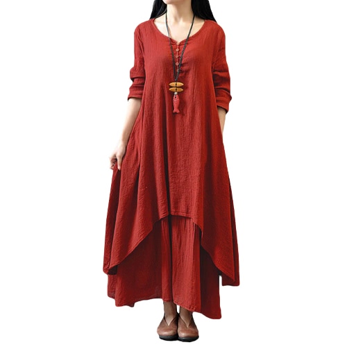 

New Fashion Women Casual Loose Dress Solid Long Sleeve Cotton Linen Boho Long Maxi Dress