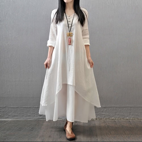 

Casual Cotton Linen Button Half Sleeve Solid Color Women's Loose Maxi Dress