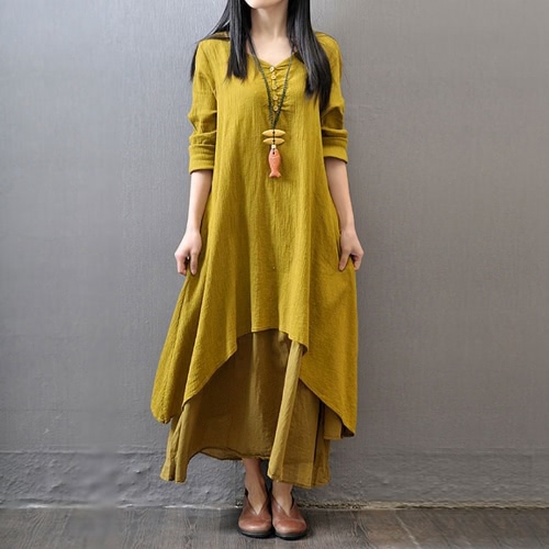 

New Fashion Women Casual Loose Dress Solid Long Sleeve Cotton Linen Boho Long Maxi Dress