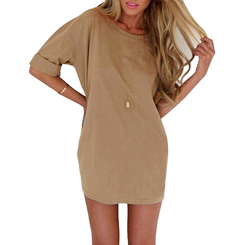 

New Fashion Women Casual Loose Dress Solid Color Short Sleeve Ladies Mini Dress Grey/Black/Khaki