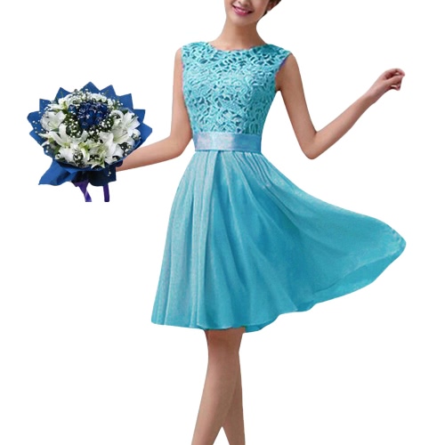 

New Fashion Women Chiffon Lace Dress Sleeveless O Neck Solid Color Elegant Princess Party Dress