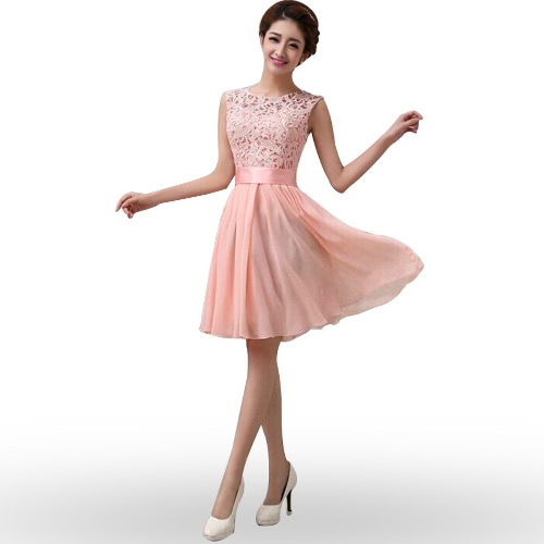 

New Fashion Women Chiffon Lace Dress Sleeveless O Neck Solid Color Elegant Princess Party Dress