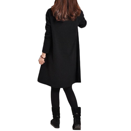 

Autumn Winter Women Dress Plus Size Long Sleeves Pockets Solid V Neck Loose Dress