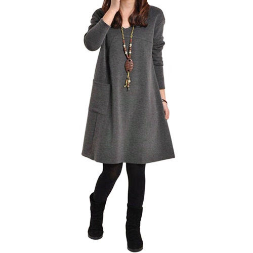 

Autumn Winter Women Dress Plus Size Long Sleeves Pockets Solid V Neck Loose Dress