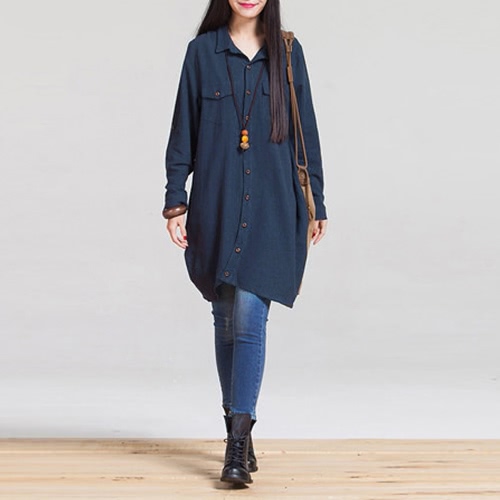 

Linen Long Blouse Irregular Hem Buttons Loose Casual Vintage Top Shirt Dress