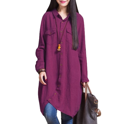 

New Women Cotton Linen Long Blouse Irregular Hem Buttons Loose Casual Vintage Top Shirt Dress White/Purple/Dark Blue