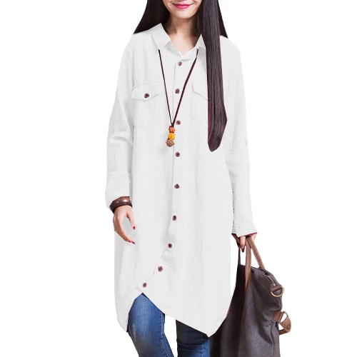 

New Women Cotton Linen Long Blouse Irregular Hem Buttons Loose Casual Vintage Top Shirt Dress White/Purple/Dark Blue