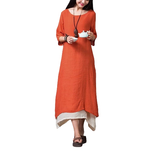 

New Women Cotton Linen Vintage Dress Split Irregular Hem Casual Loose Boho Long Maxi Dresses Orange/Army Green/Coffee