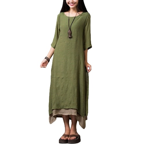 

New Women Cotton Linen Vintage Dress Split Irregular Hem Casual Loose Boho Long Maxi Dresses Orange/Army Green/Coffee