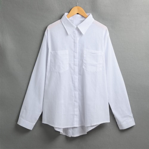 

Fashion Women Shirt Solid Turn-Down Collar Sleeve Pocket Casual Blouse